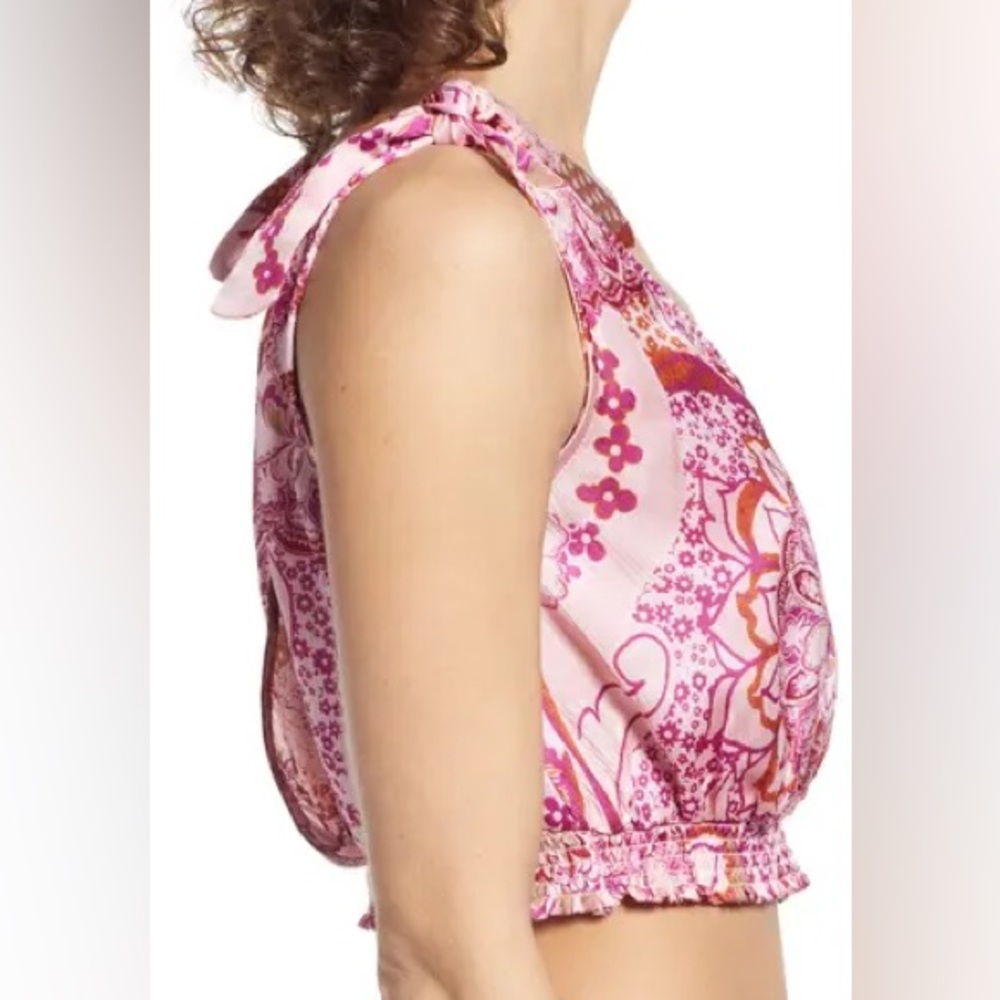 Free People Medium Top Weekend Montauk Smocked Crop Tie Strap Tank Blush NWT